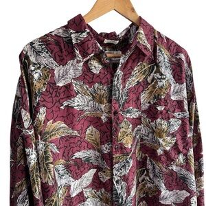 Vintage 80s 90s Dress Shirt 100% Silk Mens XL Maroon Floral Button Front VGUC